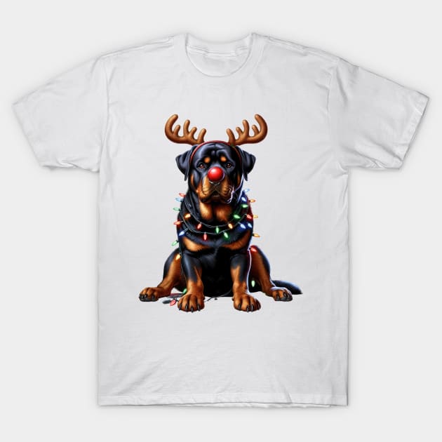 Christmas Red Nose Rottweiler Dog T-Shirt by Chromatic Fusion Studio